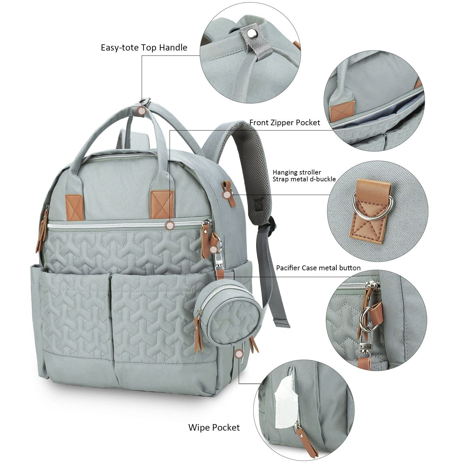Quilted Multi-Functional Diaper Backpack with Pacifier Case